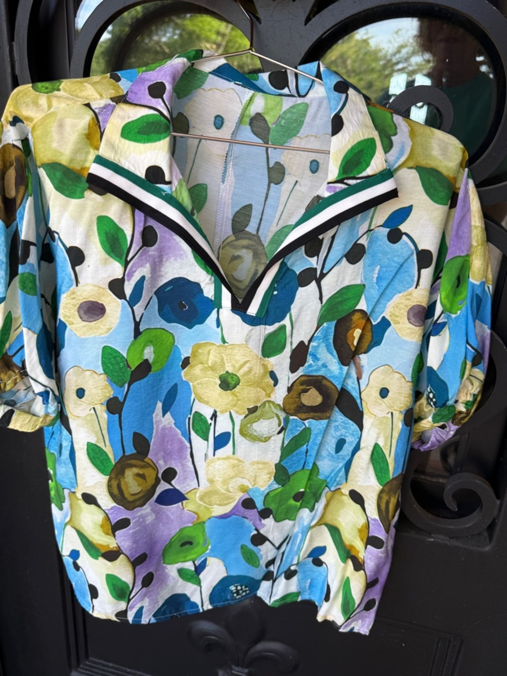 Floral V-Neck Short Sleeve Blouse in Blue, Green, Yellow